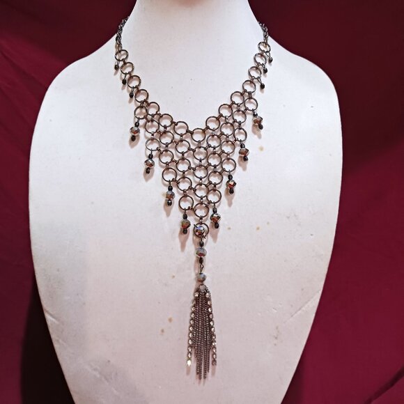 Handmade Gunmetal Rings Black Hematite Bead Bib Statement Necklace Tassel Fringe - Picture 1 of 12